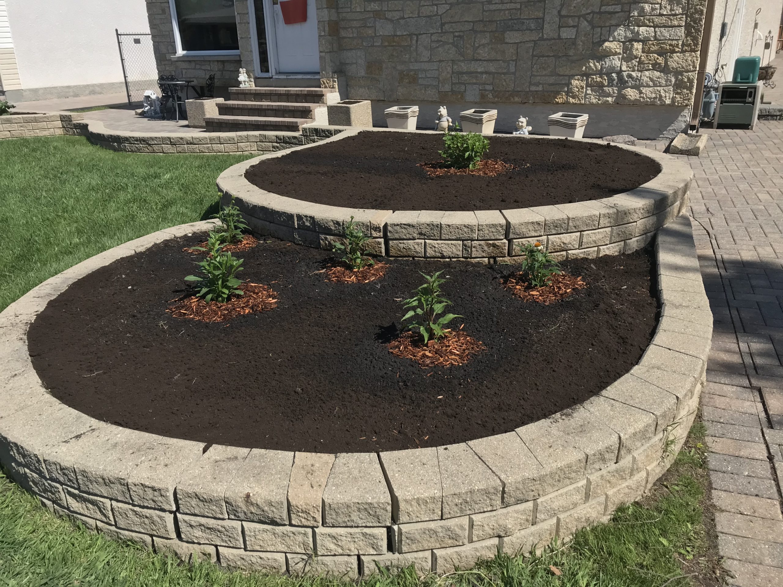 Refreshed planter with fresh plantings and clean garden bed