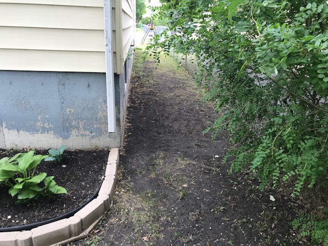 Narrow side yard before pathway